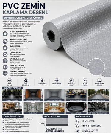 PVC Desenli Zemin Kaplama Muşambası 3mm 1x5 Metre Kaymaz Araç Konteyner Oto Taban Kaplaması Gri
