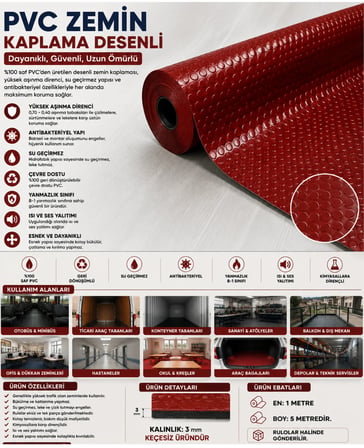 PVC Desenli Zemin Kaplama Muşambası 3mm 1x5 Metre Kaymaz Araç Konteyner Oto Taban Kaplaması Bordo