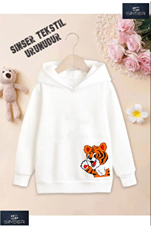 Kız/Erkek Çocuk Beyaz Kapüşonlu ''YANDAN AYICIK'' Baskılı Sweatshirt