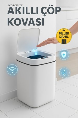 Akıllı Çöp Kovası, Büyük Boy 20 Litre, UV Işık ve Sensörlü, Haraket Algılayan, Sessiz Kapak