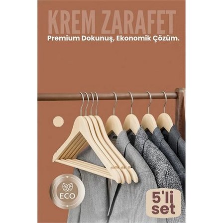 5'li Lüks Krem Elbise Ceket Askısı - Ergonomik & Kaymaz Plastik Askı Seti -  Ahşap Görünümlü 722531