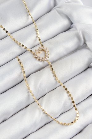 Pirinç Zirkon Taşlı Ezme Zincirli Kalp Model Gold Renk Y Kolye