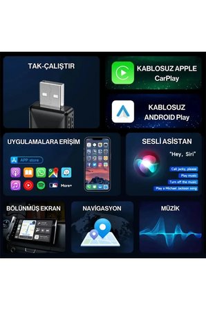 Kablosuz CarPlay & Android Auto Adaptörü - Apple ve Android Cihazlar İçin Evrensel Wireless Carplay 