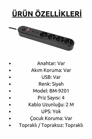 Icon BM-9201 Anahtarlı 3xUSB Çıkışlı 4'lü Akım Korumalı Priz