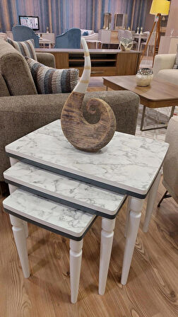 3Lü Lüx Zigon Sehpa Beyaz Mermer Antrasit