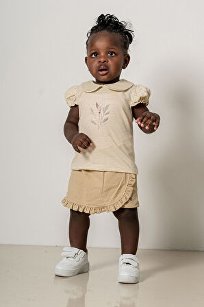 Bebek Çocuk Bebe Yaka Pamuklu Şortlu 2'li Takım Trend Moda Alt Üst Takım