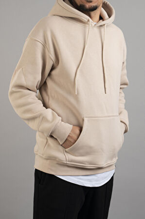 Erkek Kapüşonlu Basic Sweatshirt Bej