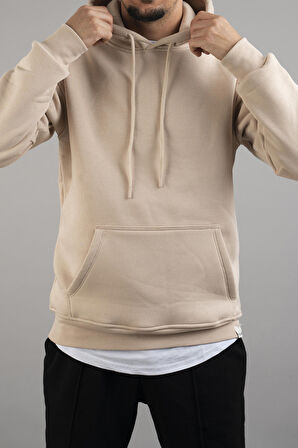 Erkek Kapüşonlu Basic Sweatshirt Bej