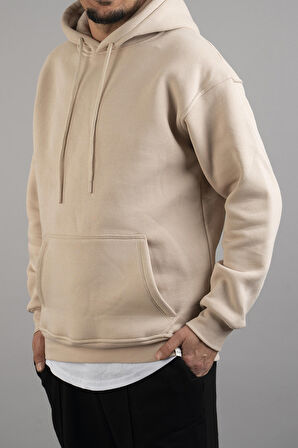 Erkek Kapüşonlu Basic Sweatshirt Bej