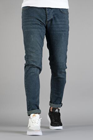 Erkek Slim Fit Dar Kesim Tırnaklı Kot Pantolon Mavi