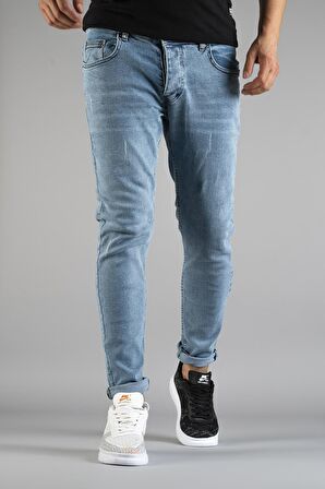 Erkek Slim Fit Dar Kesim Tırnaklı Kot Pantolon Buz Mavisi