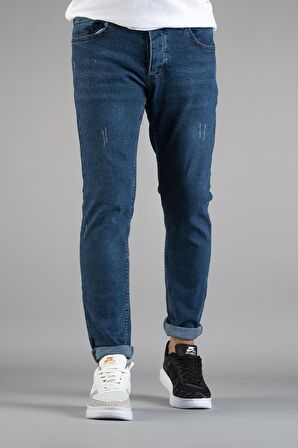 Erkek Slim Fit Dar Kesim Tırnaklı Kot Pantolon Mavi