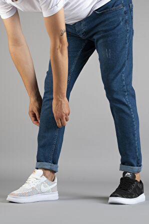 Erkek Slim Fit Dar Kesim Tırnaklı Kot Pantolon Mavi