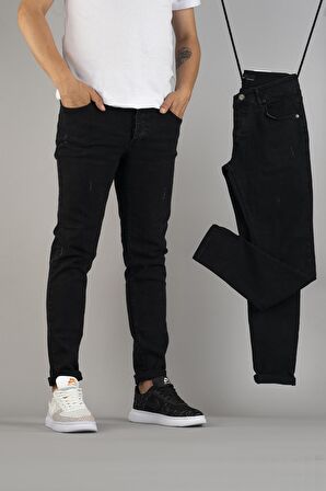 Erkek Slim Fit Dar Kesim Tırnaklı Kot Pantolon Siyah