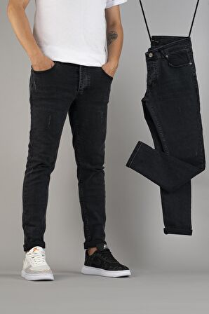 Erkek Slim Fit Dar Kesim Tırnaklı Kot Pantolon Füme