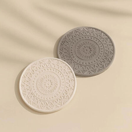 Gri Beyaz Mandala 2 Li Beton Bardak Altlığı