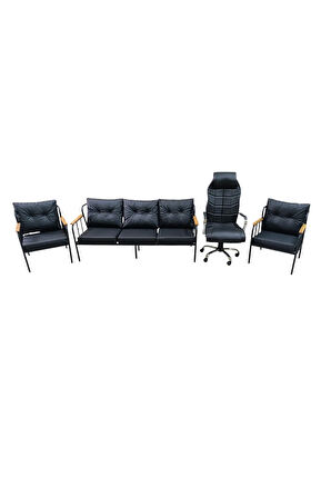 Siyah Metal Deri Ofis Koltuk Takımı Metal Bahçe Mobilyası Balkon Mobilyası 3+1+1+makam koltuğu