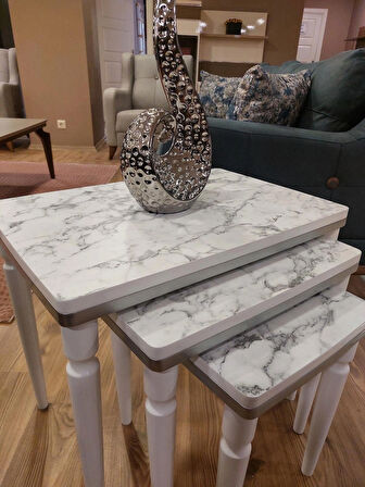 3lü Lüx Zigon Sehpa Beyaz Mermer Gümüş