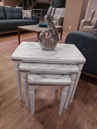 3lü Lüx Zigon Sehpa Beyaz Mermer Gümüş