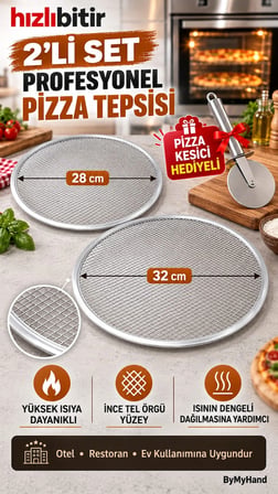 ByMyHand Metal Sanayi Tipi Profesyonel Pizza Tepsisi 2'li Set 28 32 Cm Pizza Kesici Hediyeli Büyük Boy