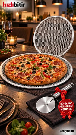 ByMyHand Metal Sanayi Tipi Profesyonel Pizza Tepsisi 2'li Set 28 32 Cm Pizza Kesici Hediyeli Büyük Boy