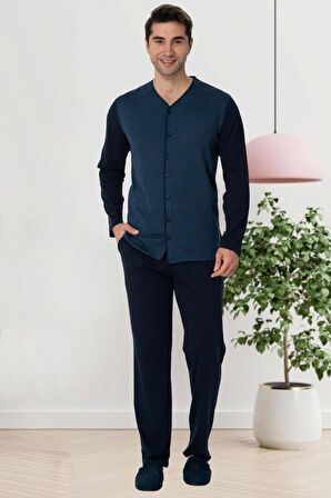 Mecit 2774 Erkek İndigo Önden Düğmeli Büyük Beden Pijama Takımı