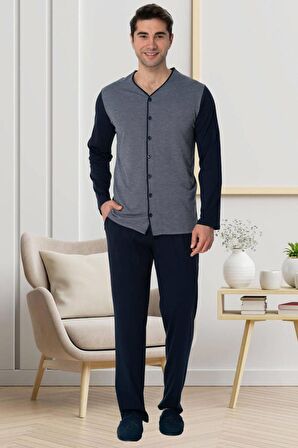 Mecit 2774 Erkek Lacivert Önden Düğmeli Büyük Beden Pijama Takımı