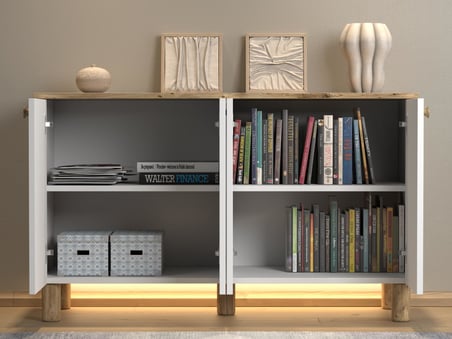 Nora Bohem Ledli Kahve Köşesi Dolabı Konsol Çok Amaçlı Dolap Mutfak Dolabı 120 Cm 4 Kapaklı  Atlantik Çam / Beyaz