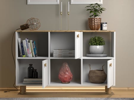 Nora Bohem Ledli Konsol - Çok Amaçlı Dolap 3 Kapak 3 Bölme - Atlantik Çam / Beyaz