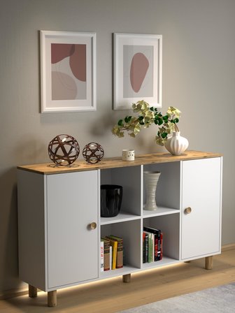 Nora Bohem Ledli Konsol - Çok Amaçlı Dolap 2 Kapak 4 Raflı - Atlantik Çam / Beyaz