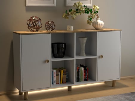 Nora Bohem Ledli Konsol - Çok Amaçlı Dolap 2 Kapak 4 Raflı - Atlantik Çam / Beyaz