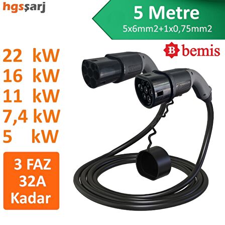 Bemis 22kW-16kW-11kW-7,4kW-5kW 3 Faz 32A Kadar Elektrikli Araç Şarj Kablosu