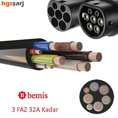 Bemis 22kW-16kW-11kW-7,4kW-5kW 3 Faz 32A Kadar Elektrikli Araç Şarj Kablosu