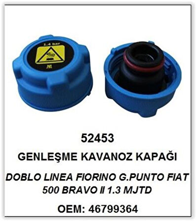 Bemot 52453 Genleşme Kavonoz Kapağı Orjinal Tip Oringli Mavi Palio-Albea -Siena- Doblo-Linea-Fiorino 1.4 Bar Fiat 500-Bravo 46521714