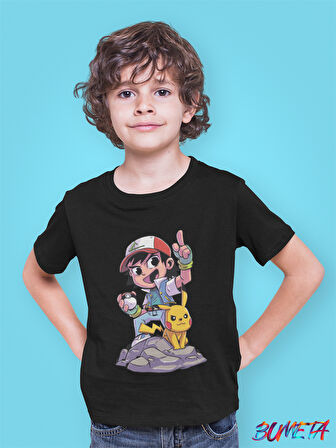 Bumeta Pokemon Pikachu ve Ash Ketchum Chibi Çizgi Film Dizi Çocuk Tişört T-shirt