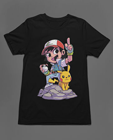 Bumeta Pokemon Pikachu ve Ash Ketchum Chibi Çizgi Film Dizi Unisex Tişört T-Shirt