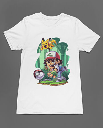 Bumeta Pokemon Pikachu Ash Chibi Anime Unisex Tişört T-Shirt