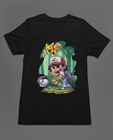 Bumeta Pokemon Pikachu Ash Chibi Anime Unisex Tişört T-Shirt