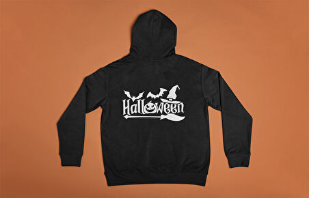 Bumeta Halloween Yarasa Balkabağı Cadı Şapkası ve Süpürge Sweetshirt Unisex Kapüşonlu Hoodie