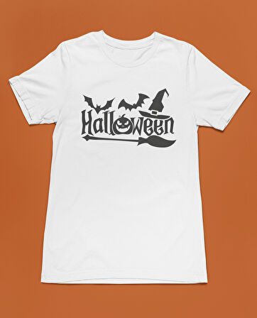 Bumeta Halloween Yarasa Balkabağı Cadı Şapkası ve Süpürge Unisex Tişört T-Shirt