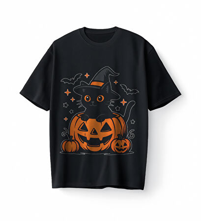 Bumeta Halloween Kedi Bal Kabağı Pumpkin Oversize Unisex Tişört T-Shirt