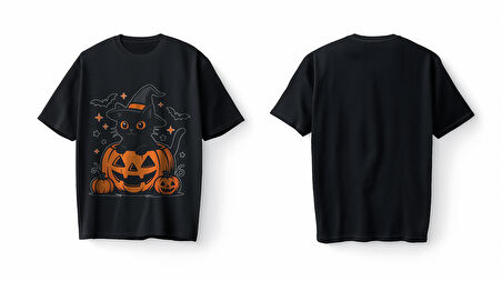 Bumeta Halloween Kedi Bal Kabağı Pumpkin Oversize Unisex Tişört T-Shirt