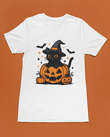 Bumeta Halloween Kedi Bal Kabağı Pumpkin Unisex Tişört T-Shirt