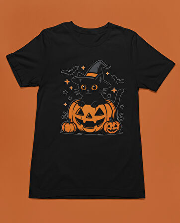 Bumeta Halloween Kedi Bal Kabağı Pumpkin Unisex Tişört T-Shirt