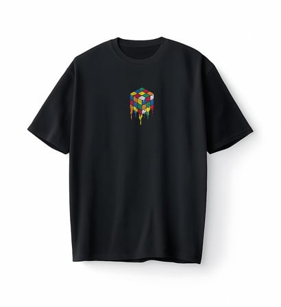 Bumeta Rubik Zeka Küpü Renkli Kombinasyon Akışkan Baskılı Oversize Unisex Tişört T-Shirt