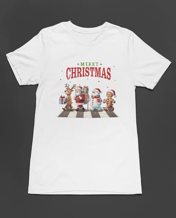 Bumeta Christmas Crossing Santa Geyik ve Kardan Adam Baskılı Unisex Tişört T-Shirt