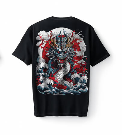 Bumeta Japon Ejderhası Baskılı Oversize Unisex Tişört T-Shirt