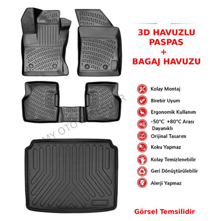 Fiat Egea Cross Stepneli Bagaj 2020 Sonrası 3D Araca Özel Paspas ve Bagaj Havuzu Bmy