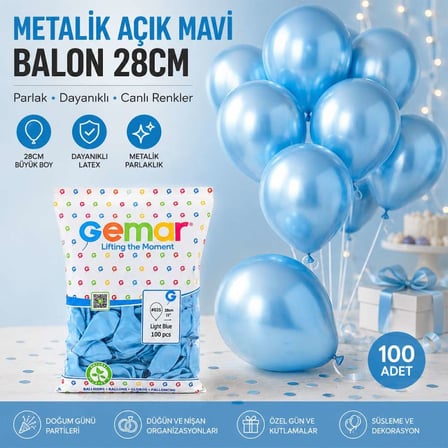 11'' (28 cm) Metalik Açık Mavi Lateks Balon - 100'lü