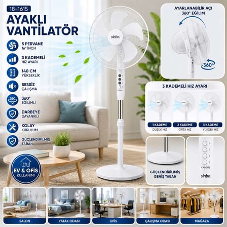 16'' 5 Pervaneli Ayaklı Vantilatör - Sessiz, 140 cm, 3 Kademe